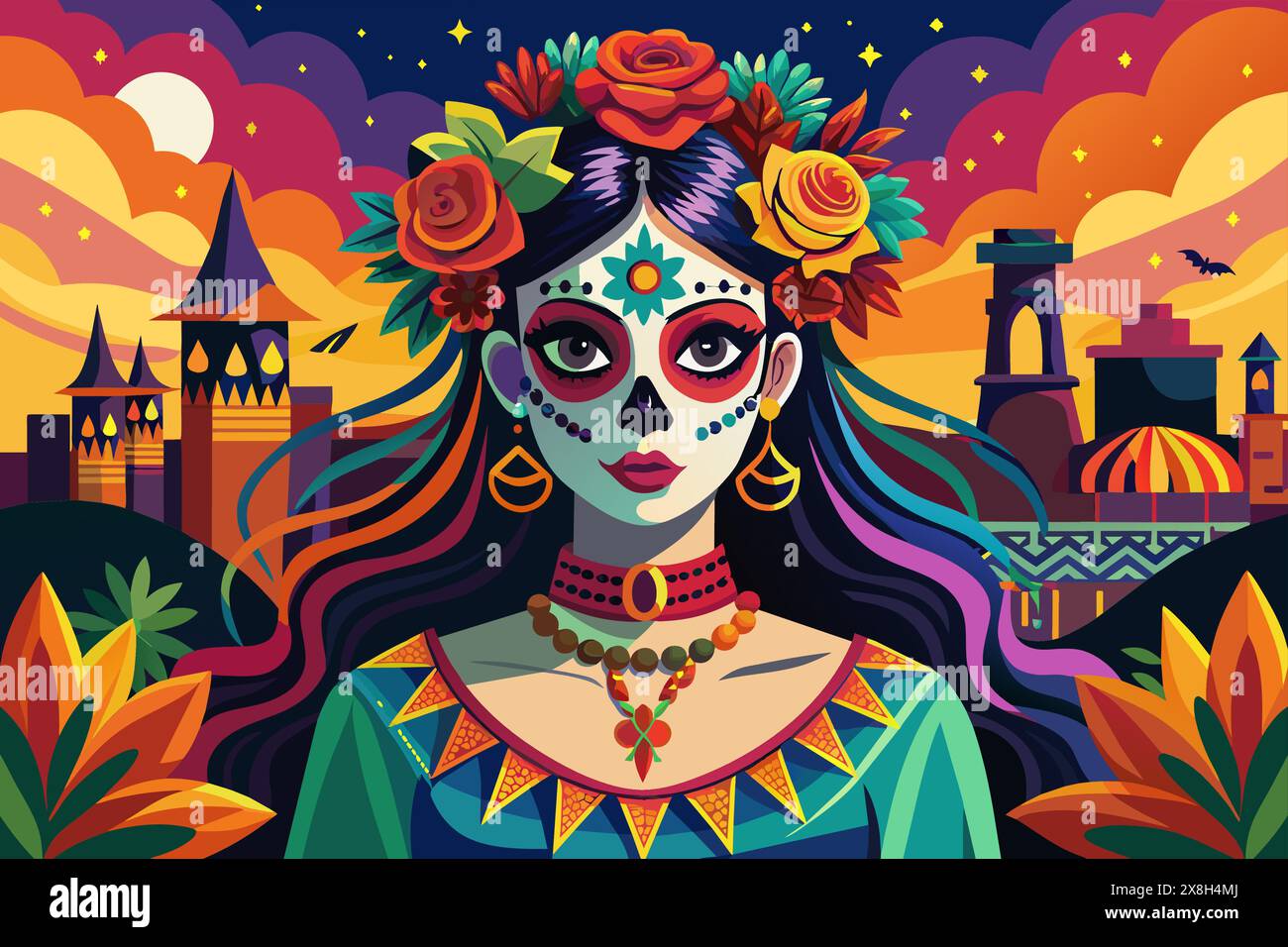 Donna con trucco Day of the Dead al festival. Donna con teschio di zucchero e fiori vivaci. Concetto di dia de los Muertos, celebrazione culturale, trucco festivo, Halloween, arredamento tradizionale Illustrazione Vettoriale