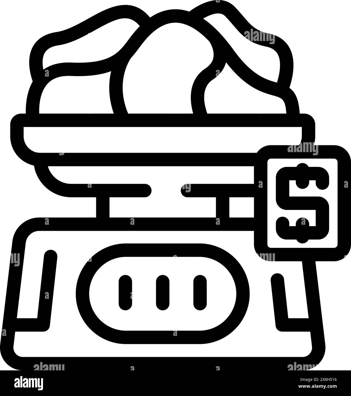 Icona con linea bianca e nera che raffigura una bilancia per prodotti con un prezzo, adatta per varie applicazioni Illustrazione Vettoriale