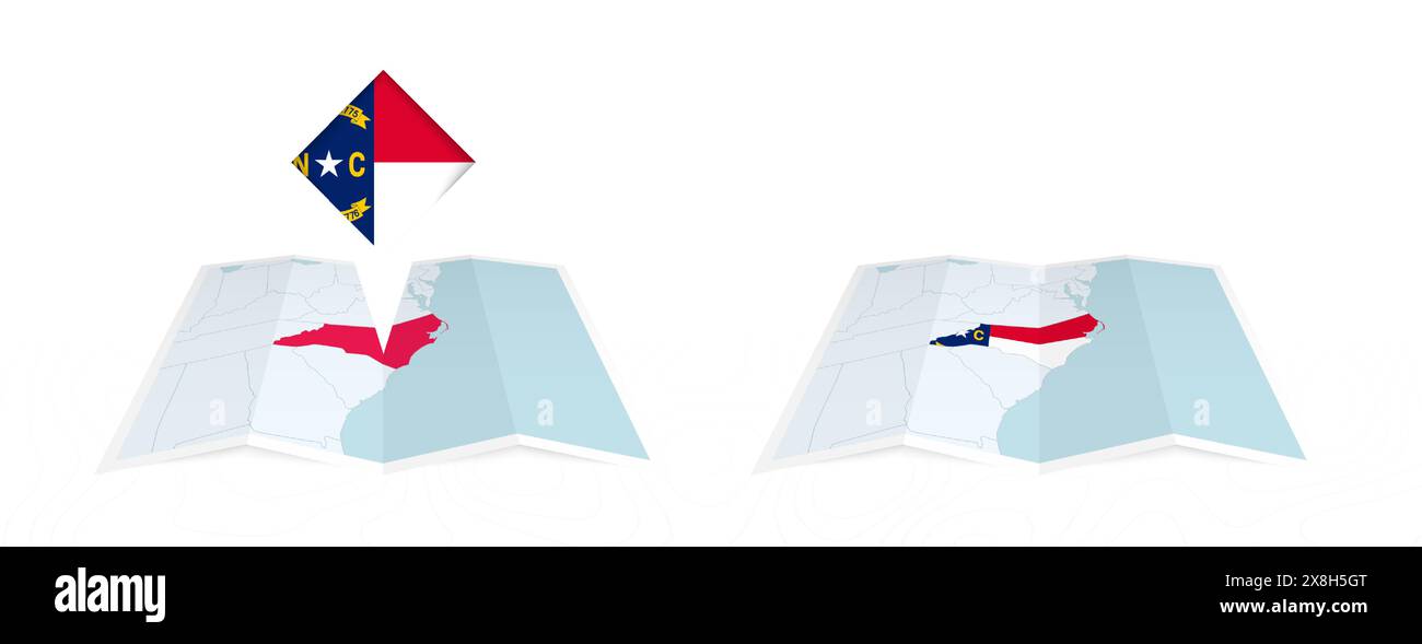 Due versioni di una mappa piegata della Carolina del Nord, una con una bandiera fissa e una con una bandiera nel contorno della mappa. Modello per stampa e onlin Illustrazione Vettoriale