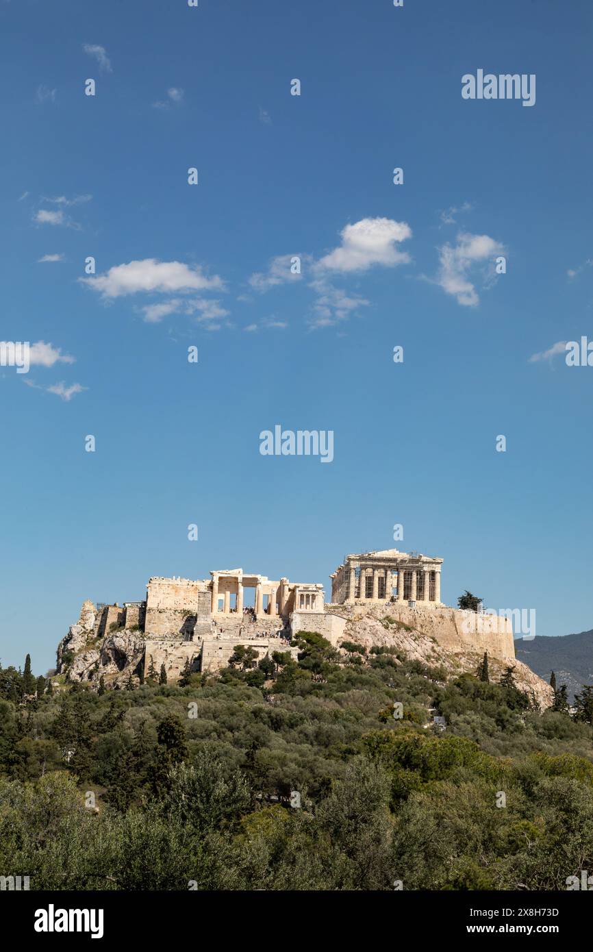 Il Partenone e l'Acropoli fotografati dalla collina Pynx, Atene, Grecia, Europa. Foto Stock