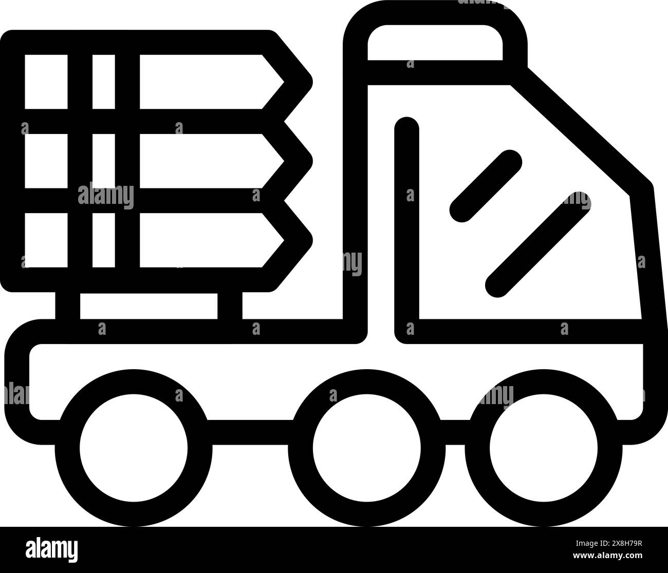 Icona della linea di veicoli per la raccolta rifiuti per la gestione dei rifiuti e i servizi igienico-sanitari nelle aree urbane. Illustrazione vettoriale lineare con traccia modificabile, design monocromatico e simbolo del glifo moderno Illustrazione Vettoriale