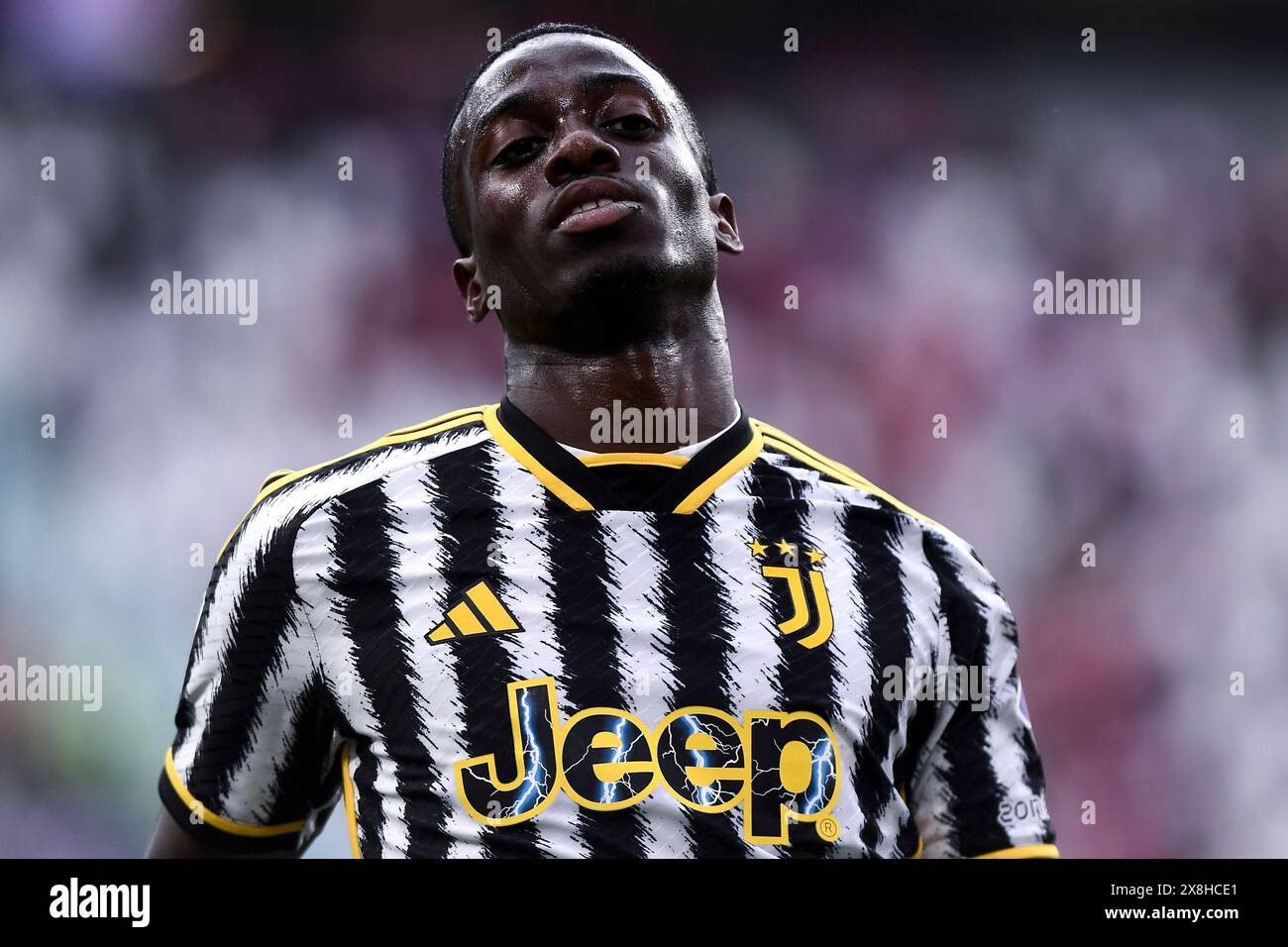 Torino, Italia. 25 maggio 2024. Timothy Weah della Juventus FC reagisce durante la partita di serie A tra Juventus FC e AC Monza allo stadio Juventus di Torino (Italia), 25 maggio 2024. Crediti: Insidefoto di andrea staccioli/Alamy Live News Foto Stock