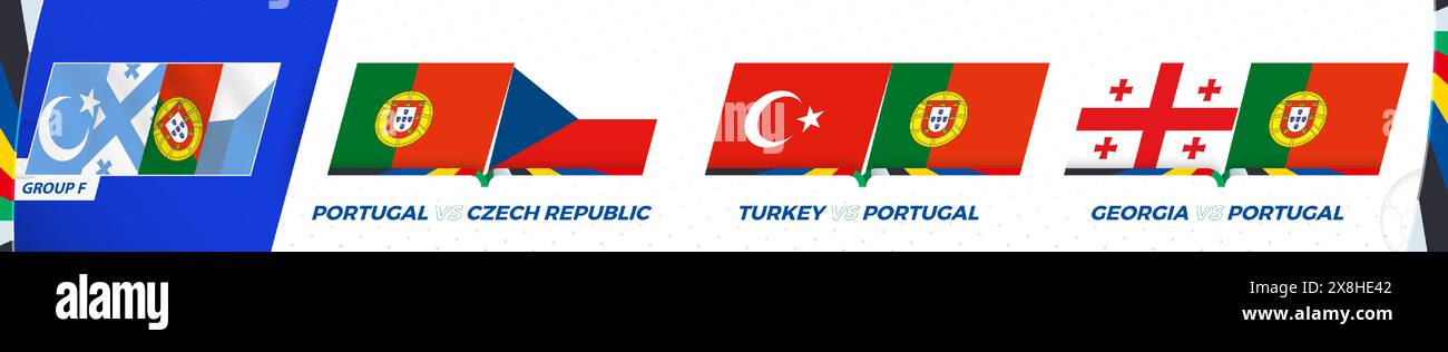 Partite della squadra di calcio del Portogallo nel gruppo F del torneo internazionale di calcio 2024. Set di icone vettoriali sportive. Illustrazione Vettoriale