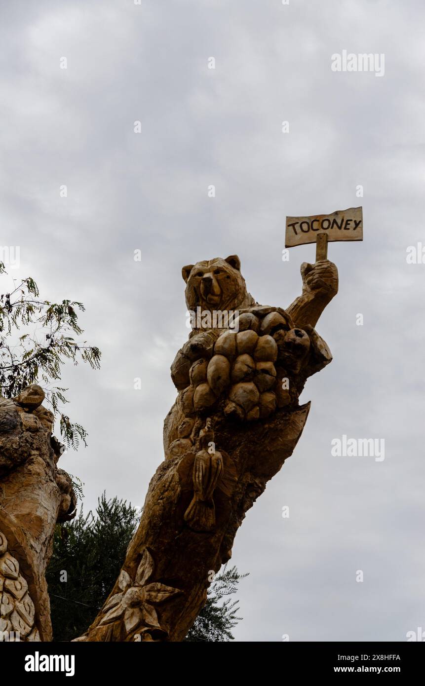 Orsi di una statua di legno alla stazione ferroviaria di Toconey, Maule, Cile Foto Stock