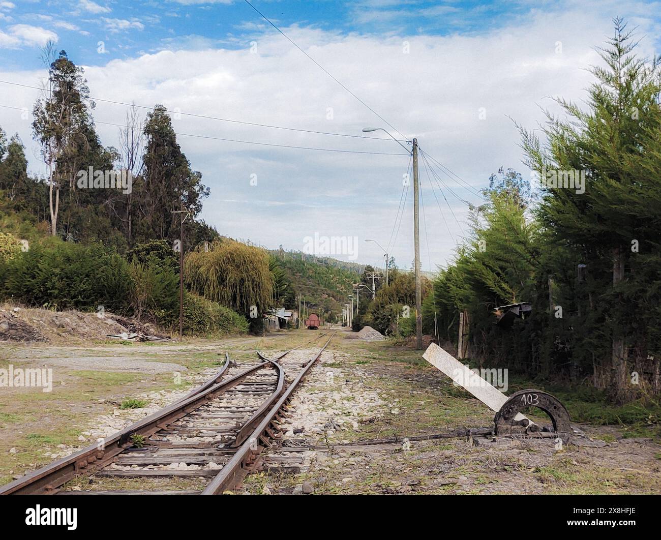 Vista panoramica dalla stazione ferroviaria di Maquehua, Maule, Cile Foto Stock