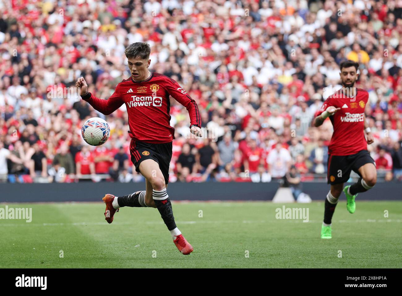 Londra, Regno Unito. 25 maggio 2024. Alejandro Garnacho della Manchester Utd in azione. La finale della Emirates fa Cup, 2024, Manchester City contro Manchester Utd allo stadio Wembley di Londra, sabato 25 maggio 2024. Solo per uso editoriale. foto di Andrew Orchard/Andrew Orchard fotografia sportiva/Alamy Live News Credit: Andrew Orchard fotografia sportiva/Alamy Live News Foto Stock