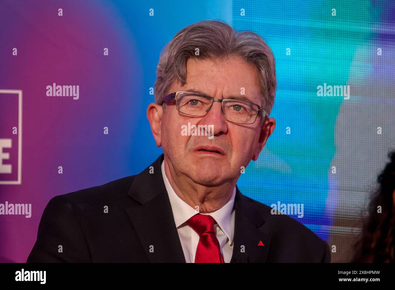 Marsiglia, Francia. 23 maggio 2024. Jean-Luc Melenchon, ex deputato francese per il partito LFI, visto durante l'incontro a Marsiglia per le elezioni europee del 2024. Pochi giorni prima delle elezioni europee del 9 giugno, Jean-Luc Mélenchon ha partecipato alla riunione di France Insoumise nei distretti settentrionali di Marsiglia davanti a circa 1000 persone. (Immagine di credito: © Denis Thaust/SOPA Images via ZUMA Press Wire) SOLO PER USO EDITORIALE! Non per USO commerciale! Foto Stock