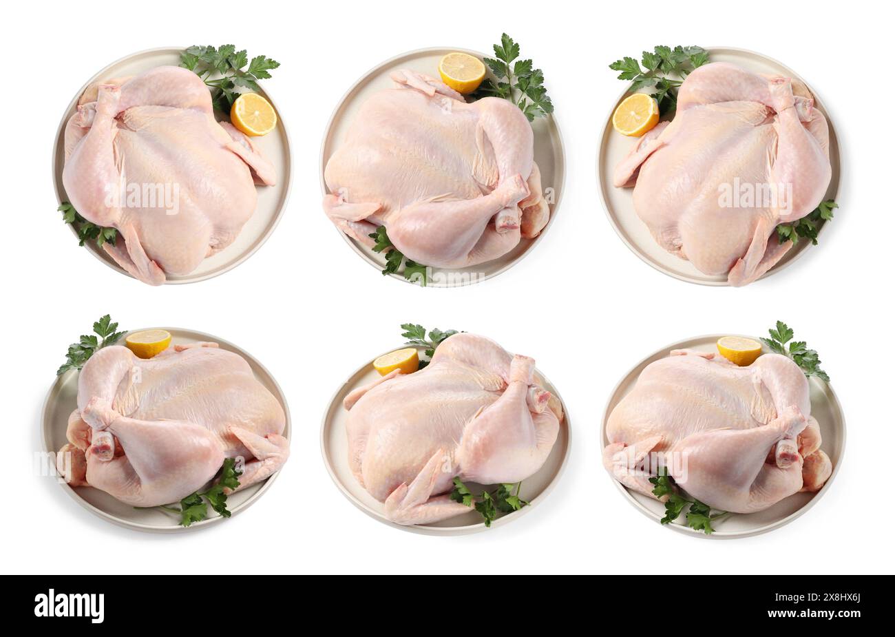 Set di pollo crudo intero isolato su bianco, vista dall'alto e laterale Foto Stock