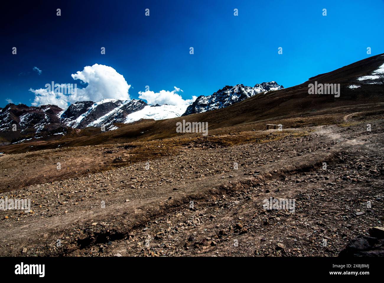 panorama di cime e valli con altipiani cielo blu e nuvole bianche sullo sfondo ghiacciai delle Ande del Perù vicino ad Ausangate nel Foto Stock