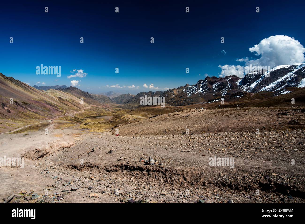 panorama di cime e valli con altipiani cielo blu e nuvole bianche sullo sfondo ghiacciai delle Ande del Perù vicino ad Ausangate nel Foto Stock