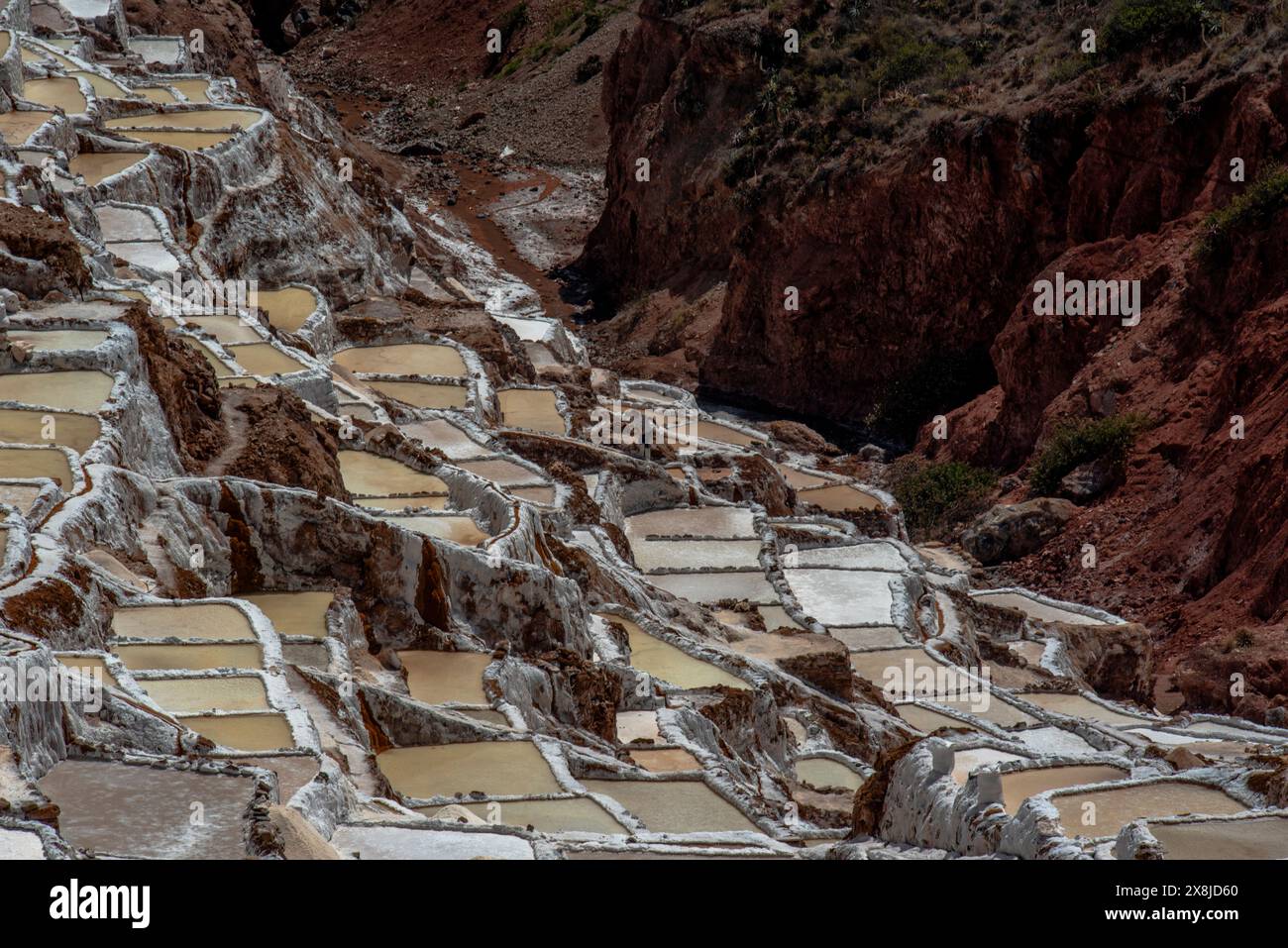 Particolare delle saline di montagna con il bianco del sale e il bruno dell'acqua che si trasforma in sale con evaporazione in Perù nel Sud dell'AM Foto Stock