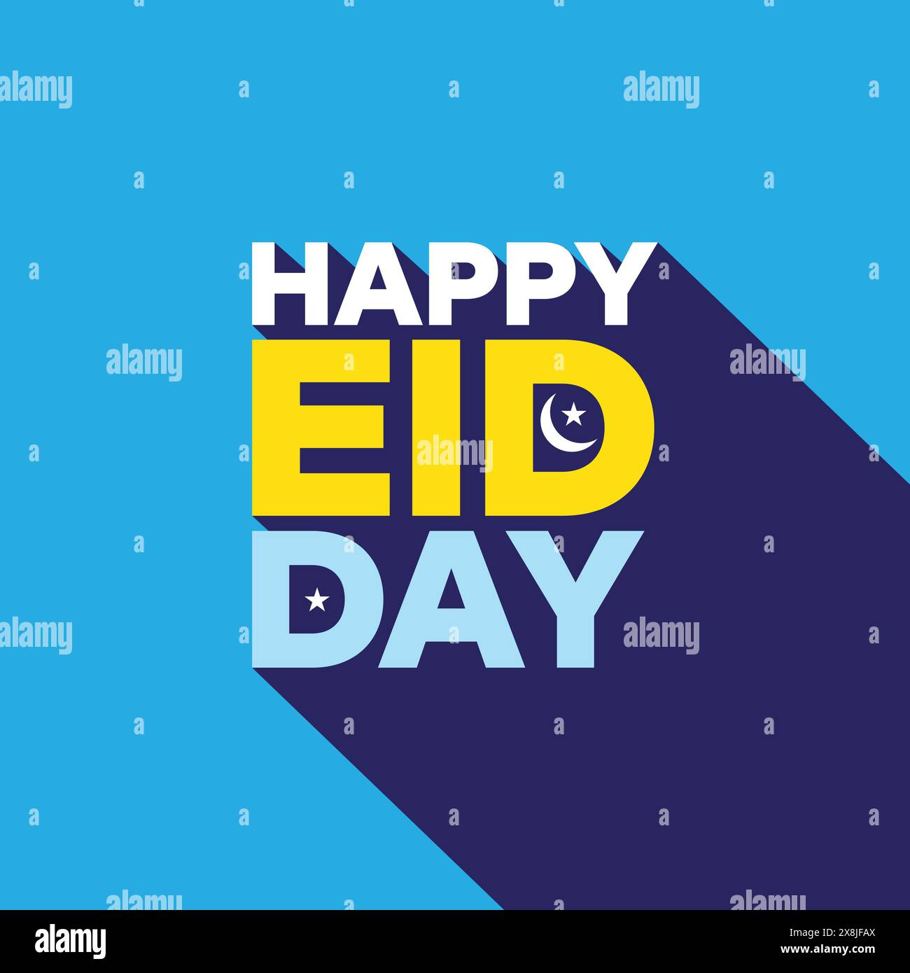 Modello tipografico moderno Happy Eid Day su sfondo blu con una lunga ombra. Banner, poster, biglietto di auguri con luna e stelle EID al Adha Illustrazione Vettoriale