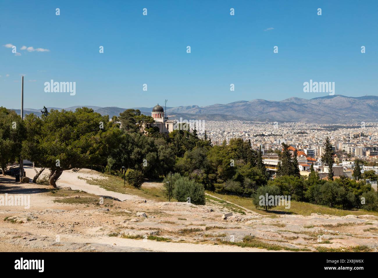 Vista di Atene dalla collina Pynx, Atene, Grecia, Europa. Foto Stock