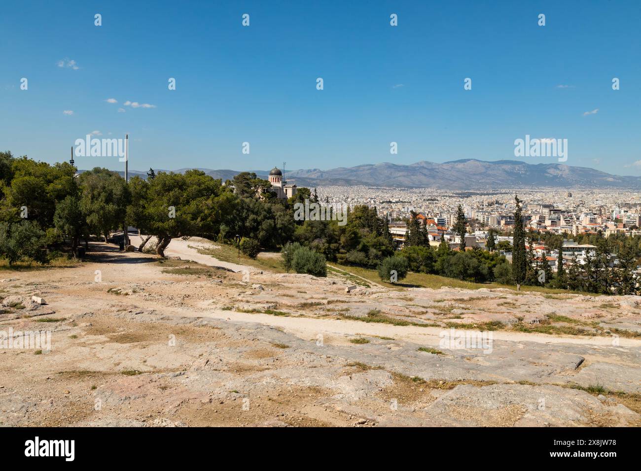 Vista di Atene dalla collina Pynx, Atene, Grecia, Europa. Foto Stock