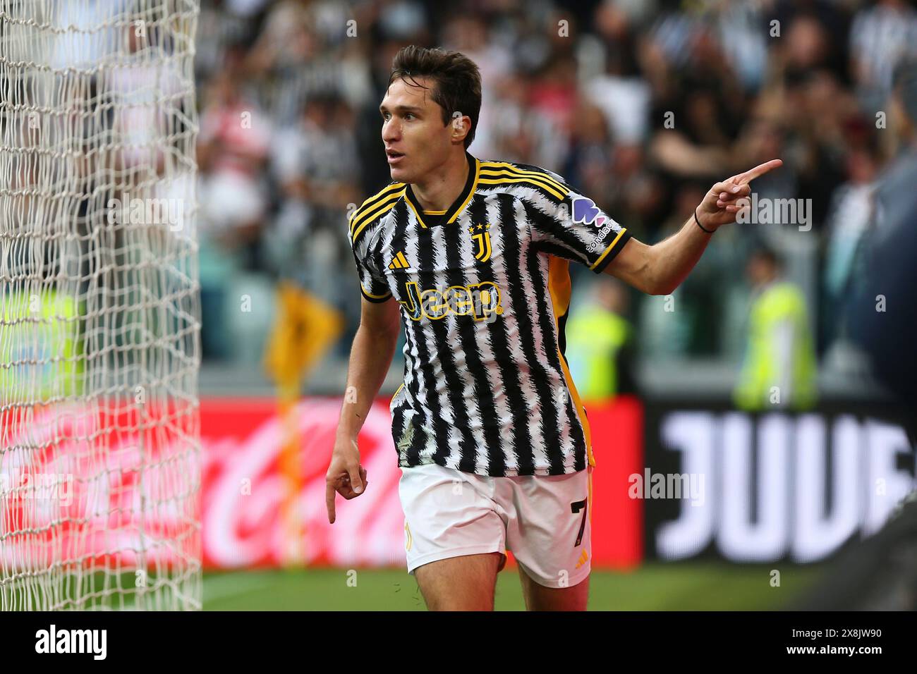 Federico Chiesa della Juventus FC festeggia dopo aver segnato nella partita tra Juventus FC e AC Monza il 25 maggio 2024 all'Allianz Stadium di Torino Foto Stock