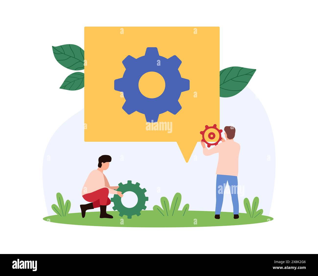 Ottimizzazione delle impostazioni, miglioramento dei processi o dei prodotti. Piccoli addetti alla manutenzione tecnica riparazione ingranaggi metallici del motore, modifica o messa a punto per una facile illustrazione vettoriale dei cartoni animati Illustrazione Vettoriale