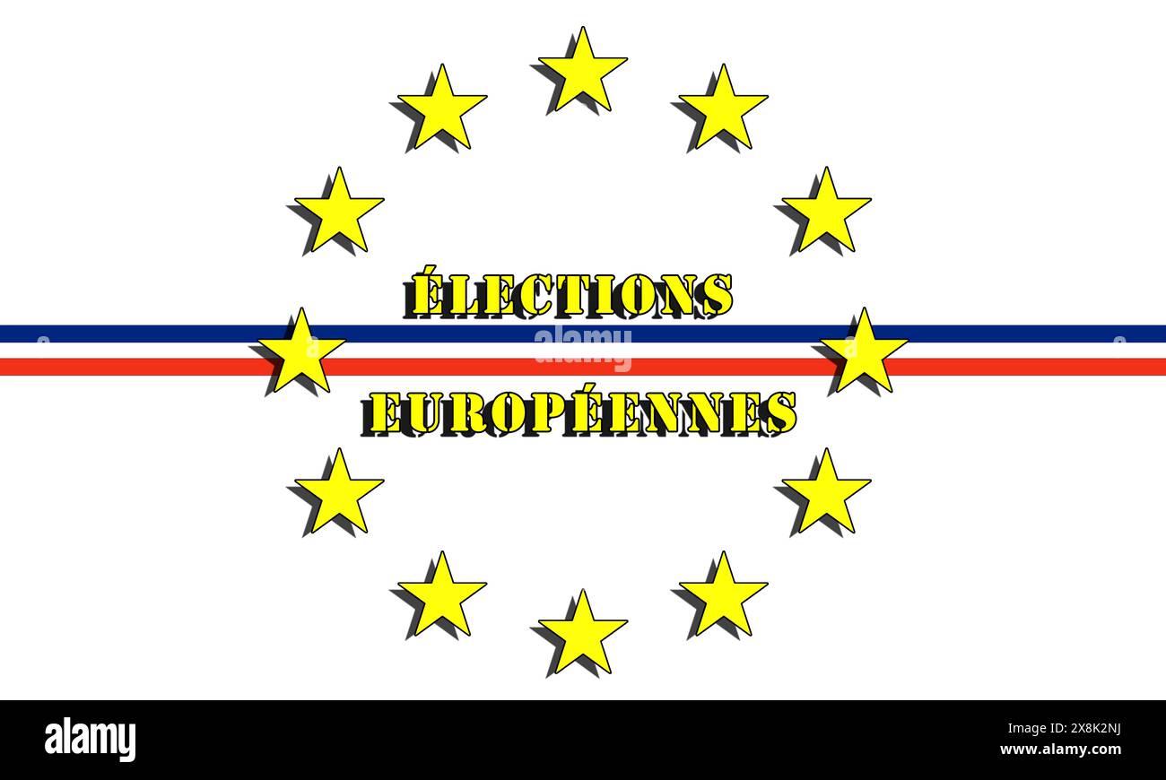 Elezioni europee, stelle e colori della bandiera europea con bandiera della francia, con il testo sulle elezioni europee. bandiera francese, votate Foto Stock