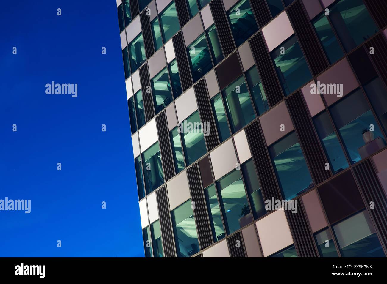 Torre di vetro per uffici splendidamente illuminata con raggi luminosi che si stendono sui soffitti e piante in vasi in alcune finestre, contro il cielo blu notturno Foto Stock