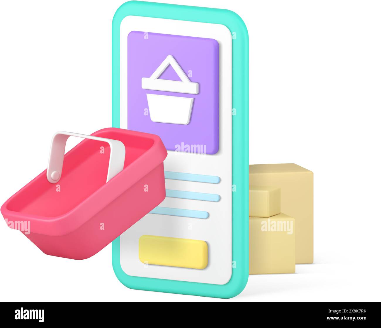 Supermercato dello shopping online applicazione per smartphone per la consegna del mercato icona 3d illustrazione vettoriale realistica. App per telefono cellulare del negozio online o. Illustrazione Vettoriale
