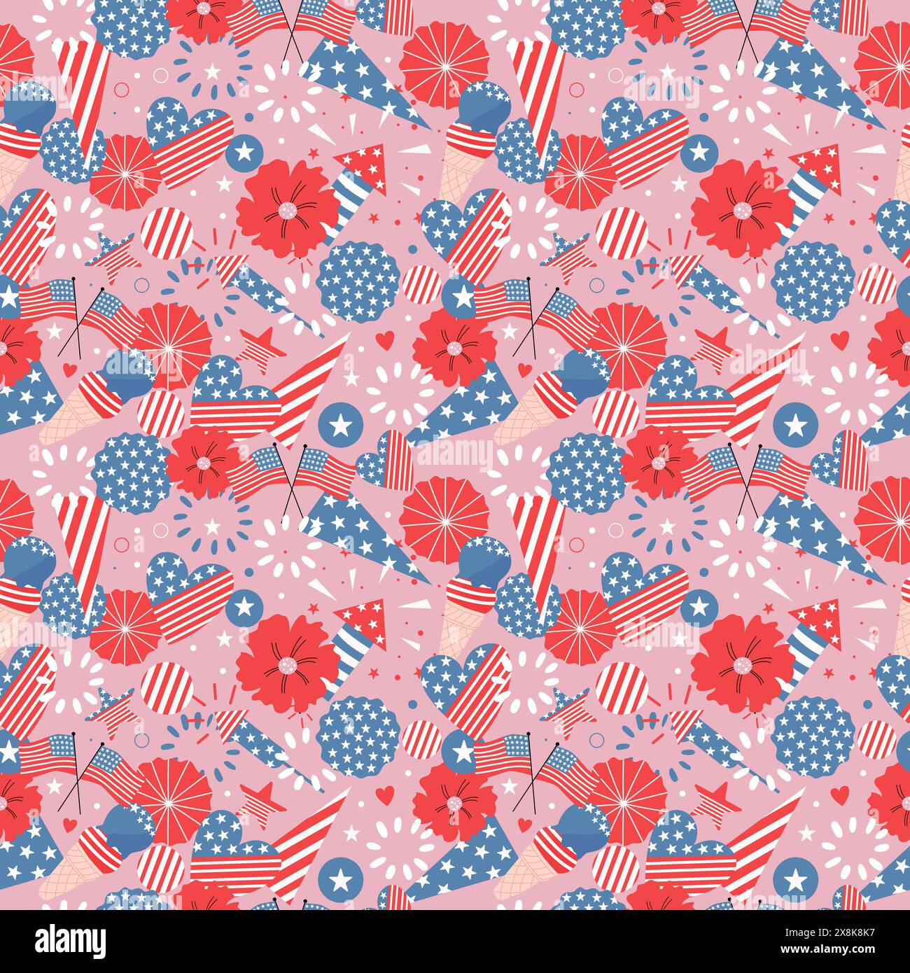 Motivo colorato con bandiera americana, stelle, strisce, fuochi d'artificio. Design senza cuciture vettoriale 4 luglio. Illustrazione Vettoriale