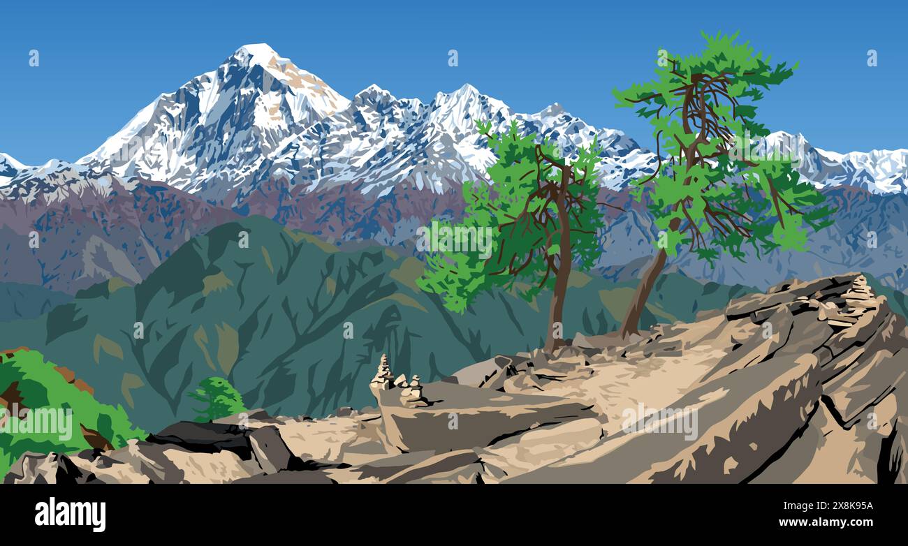 La vetta del monte Dhaulagiri vista dal passo di Jaljala e dagli alberi, illustrazione vettoriale, le montagne dell'Himalaya del Nepal Illustrazione Vettoriale