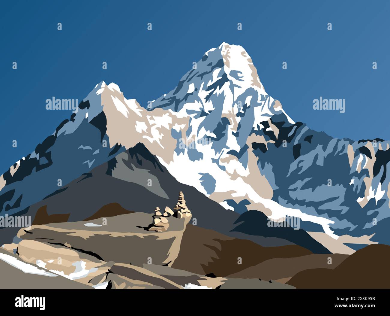 Illustrazione del Monte ama Dablam e della piramide di pietra, montagne dell'Himalaya, valle di Khumbu, area dell'Everest, Nepal Illustrazione Vettoriale