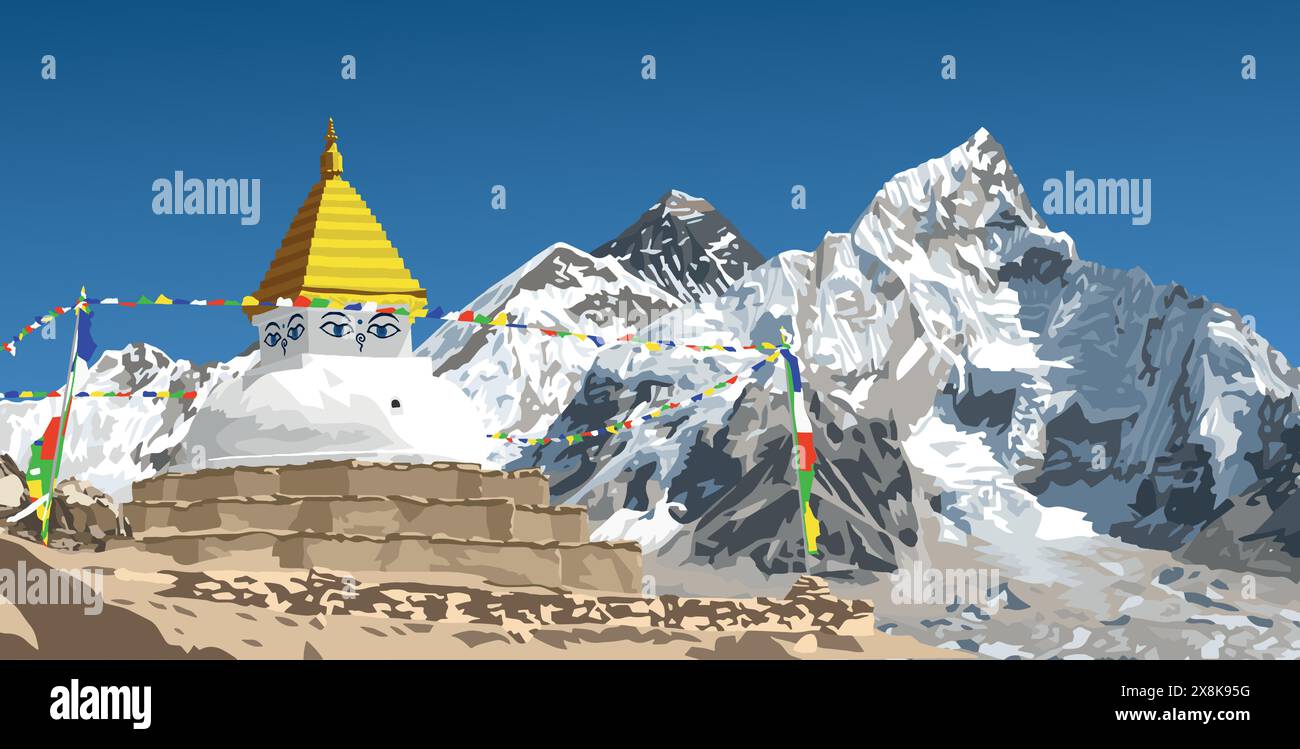 Stupa buddhista o corten nelle montagne dell'himalaya, buddismo nella valle di Khumbu sotto il monte Everest, Nepal Illustrazione Vettoriale