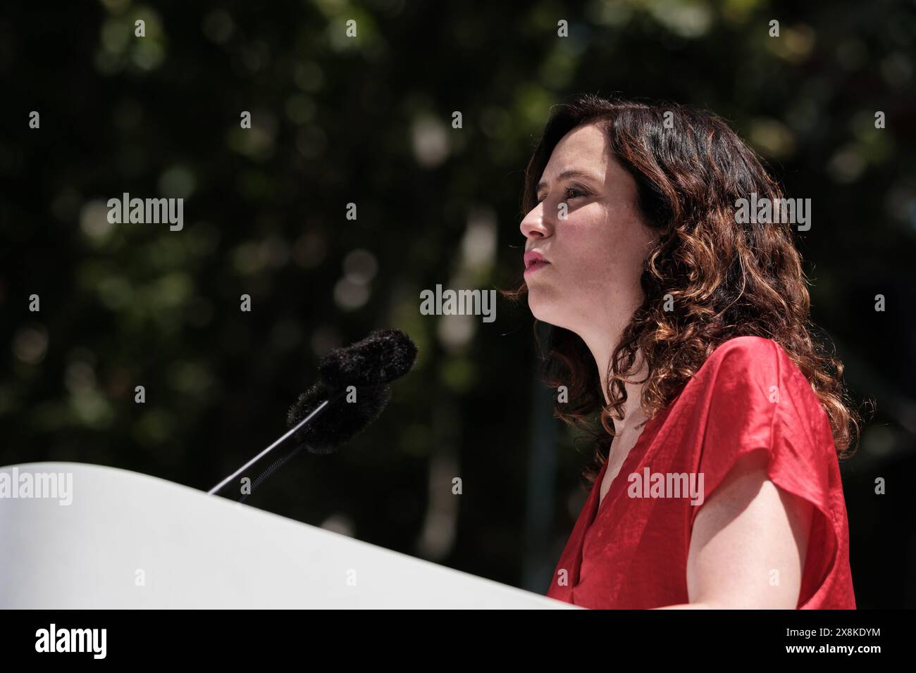 Isabel Díaz Ayuso durante una dimostrazione contro la legge sull'amnistia alla Puerta de Alcala, il 26 maggio 2024 a Madrid, Spagna. Foto Stock