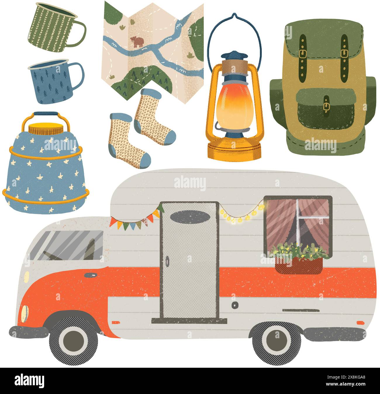 Set di articoli da campeggio e da trekking. Avventura clipart natura. Elementi isolati, illustrazioni delle vacanze estive, campeggio Foto Stock