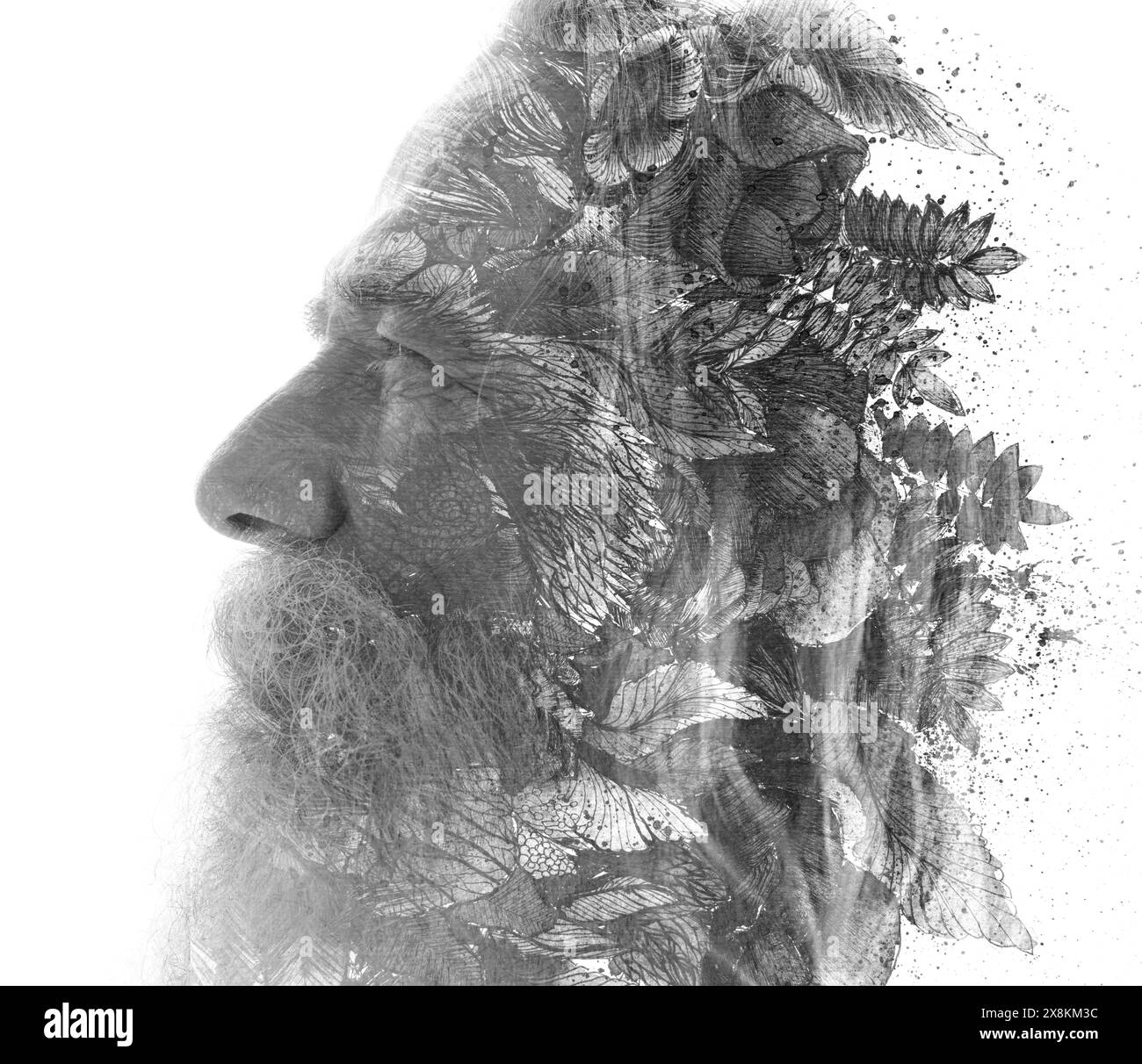Un profilo di un vecchio che si fonde in un'arte floreale grafica in una pittura Foto Stock