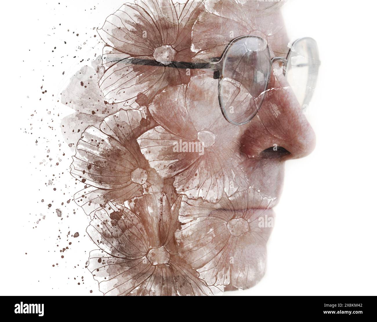 Una pittura floreale di un profilo di un uomo con gli occhiali Foto Stock