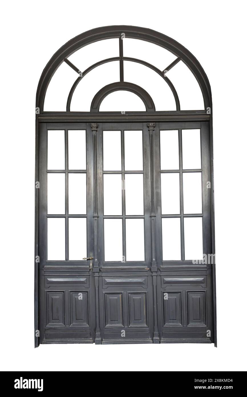 Tripla porta nera con arco e molte finestre, isolata sul bianco Foto Stock