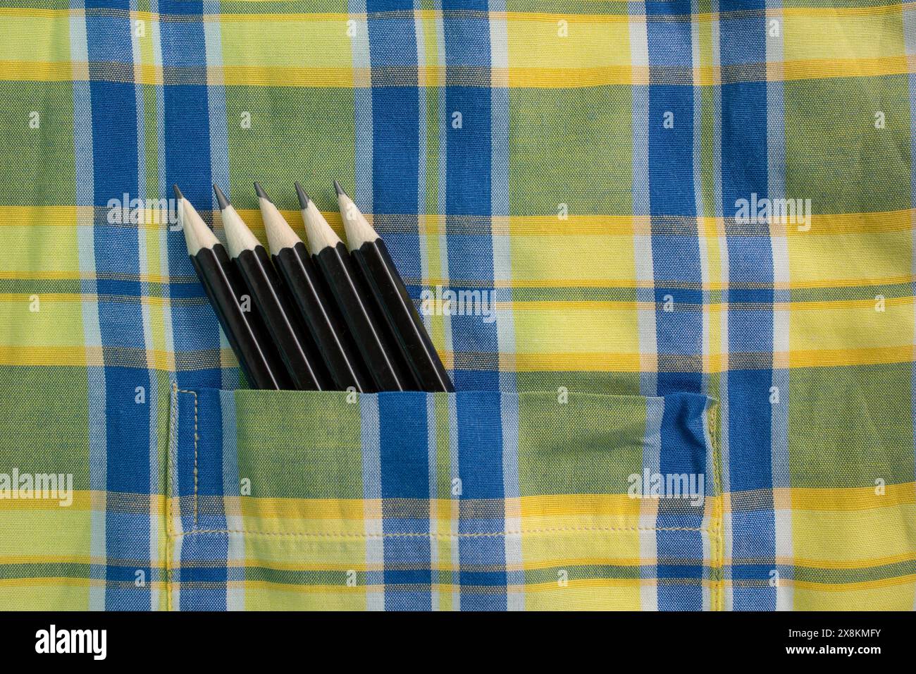 Pastelli grigi disposti in una tasca a scacchi per camicia, primo piano Foto Stock