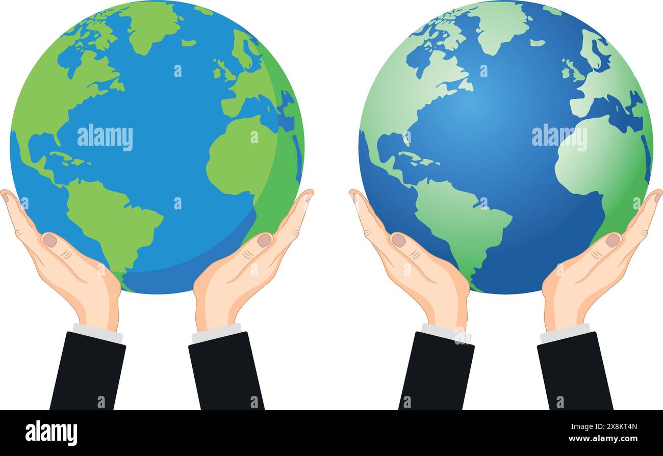 Due mani che reggono la Terra, Globe 2D e illustrazione vettoriale 3D. Illustrazione Vettoriale