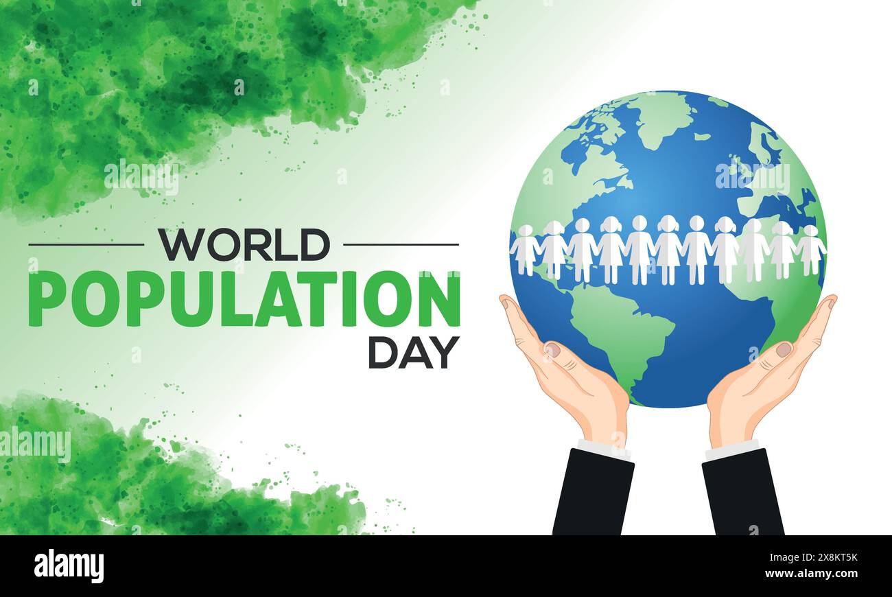 Modello di acquerello per la giornata mondiale della popolazione. Due mani che tengono la terra, il globo e l'illustrazione vettoriale 3D. Illustrazione Vettoriale
