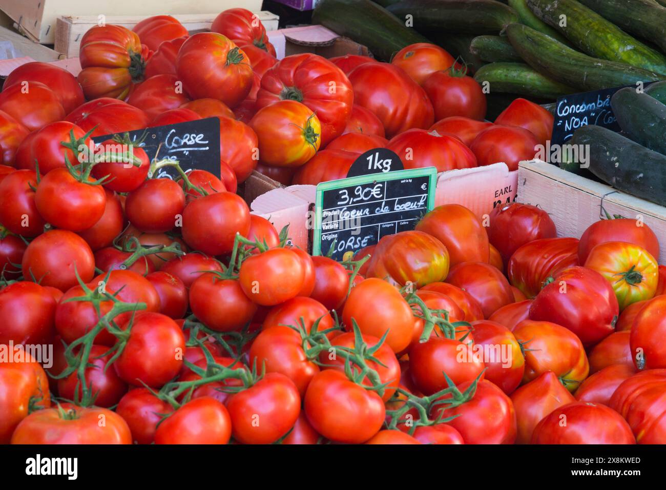 Ajaccio, Corse-du-Sud, Corsica, Francia. Selezione di pomodori corsi in vendita al tradizionale mercato agricolo all'aperto in Place Foch. Foto Stock