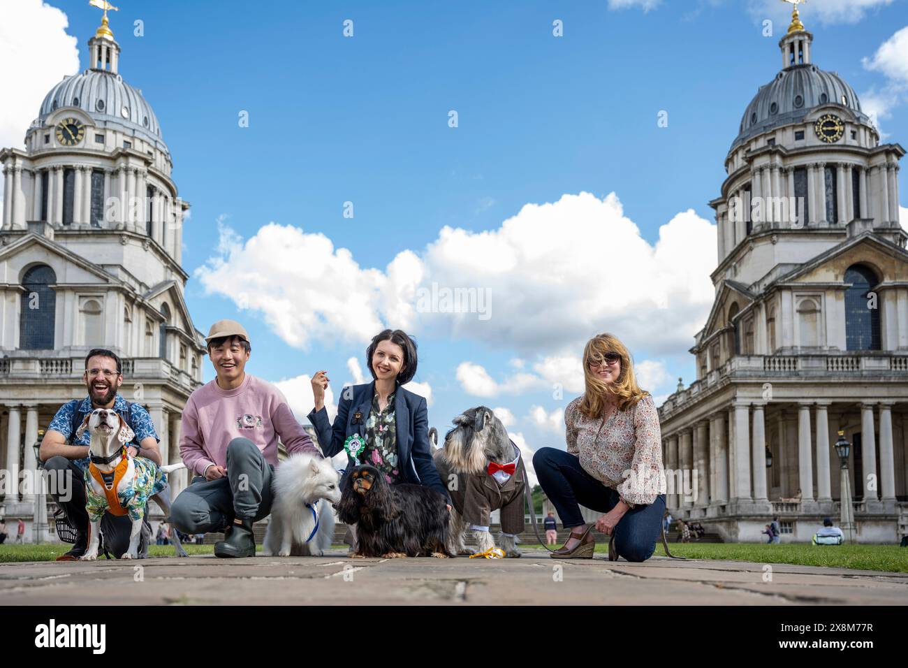 Londra, Regno Unito. 26 maggio 2024. (2L) Finn, uno Spitz giapponese, vince il premio Best in Show al Greenwich Dog Show, tenutosi presso l'Old Royal Naval College. Cani di tutte le età e razze competono in una varietà di classi per vedere se possono ottenere l'ambito premio Best in Show. Crediti: Stephen Chung / Alamy Live News Foto Stock