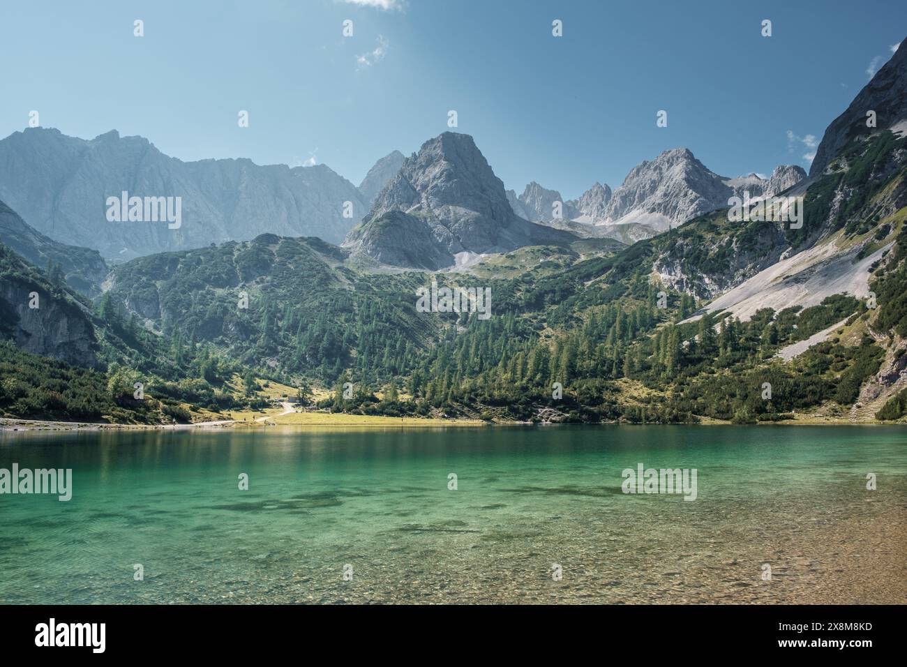 Vista dall'Alpe Ehrwalder allo splendido lago di montagna Seebensee con grandi montagne sullo sfondo. Foto Stock