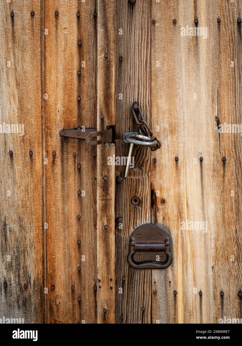 Porta in legno resistente alle intemperie con bulloneria arrugginita Foto Stock