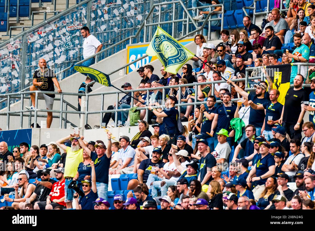 Sinsheim, Germania. 26 maggio 2024. ELF/ gioco: Munich Ravens at Stuttgart Surge il 26 maggio. 2024 ,nella PreZero Arena , Sinsheim, Germania, mitgereiste fans der Stuttgart Surge. Crediti: Frank Baumert/Alamy Live News Foto Stock