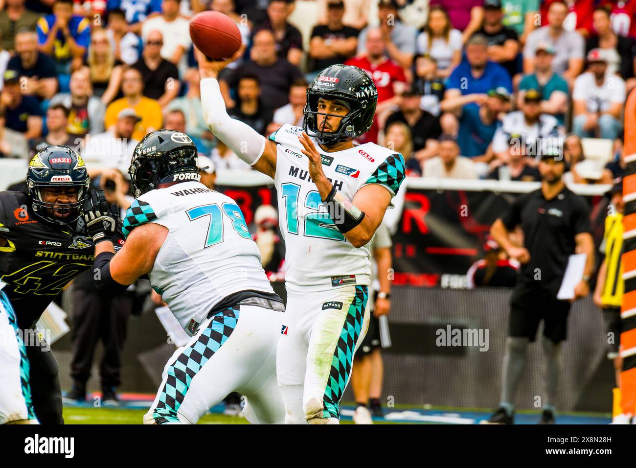 Sinsheim, Germania. 26 maggio 2024. ELF/ gioco: Munich Ravens at Stuttgart Surge il 26 maggio. 2024 ,nella PreZero Arena , Sinsheim, Germania, QB # 12 Chad Jeffries/Munic Ravens. Crediti: Frank Baumert/Alamy Live News Foto Stock