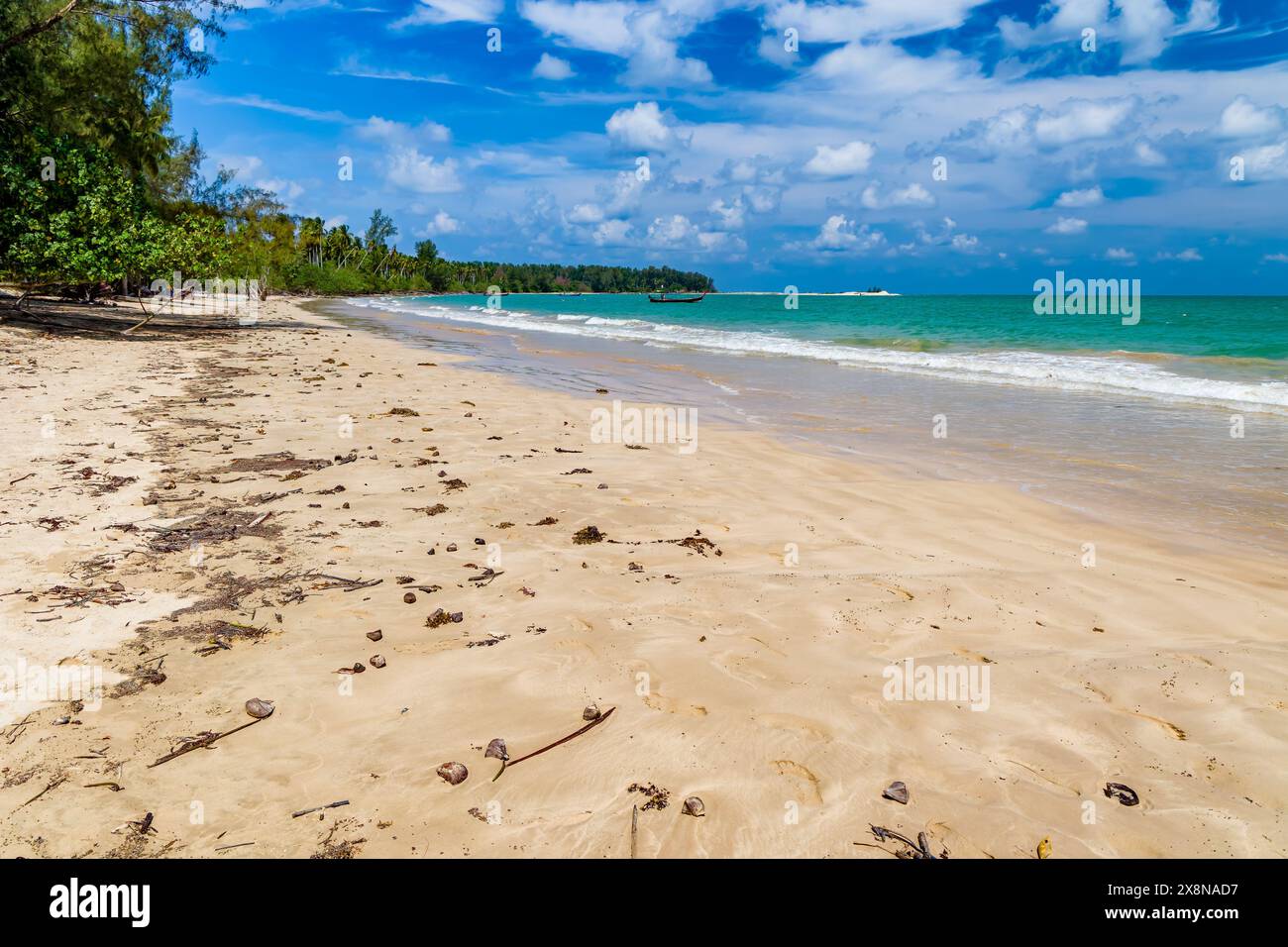 Una spiaggia tropicale sabbiosa fiancheggiata da palme sulla costa thailandese del Mare delle Andamane Foto Stock