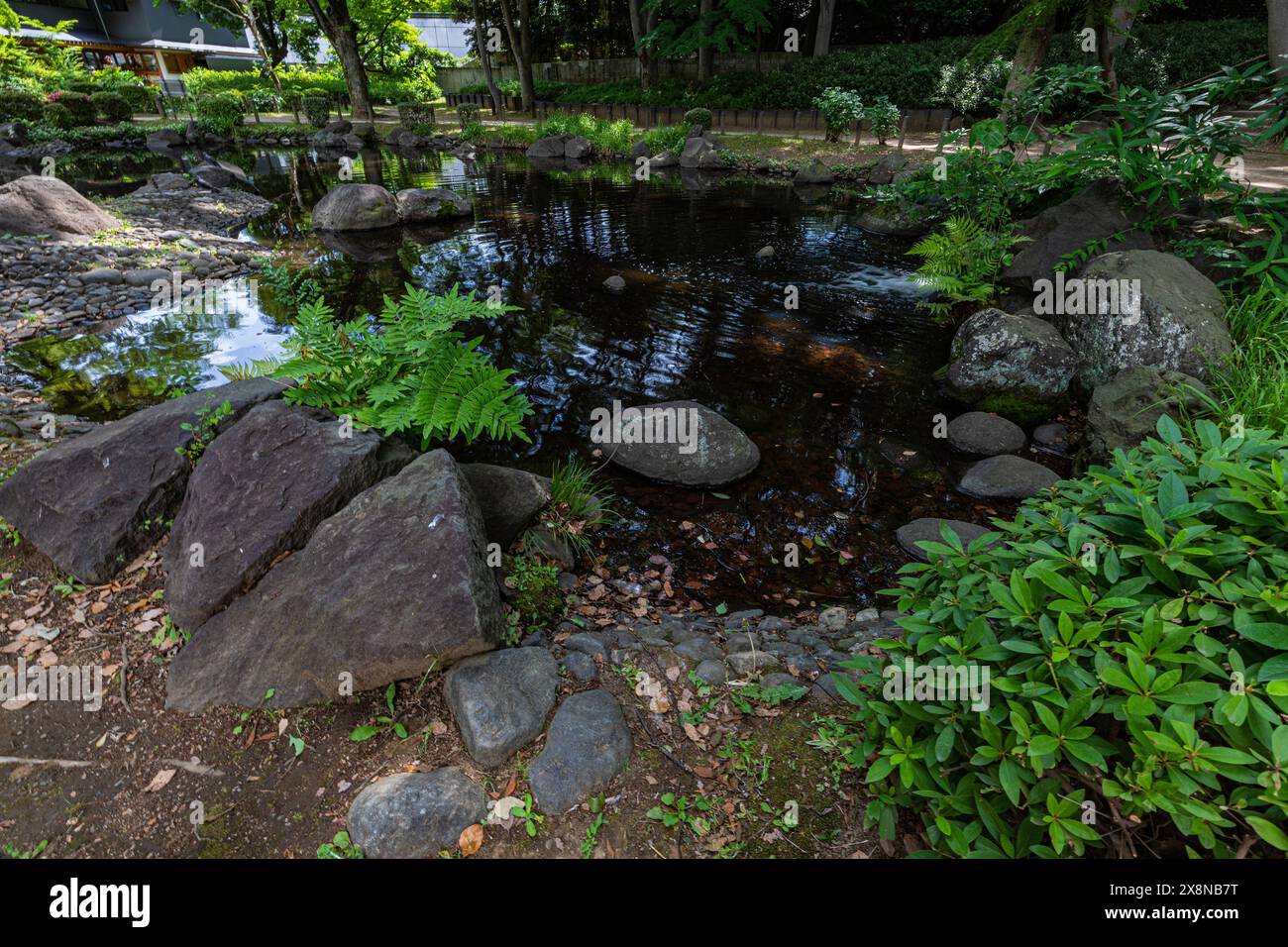 Il tempio di Zojoji è uno dei templi più importanti di Tokyo. Nella parte sud-occidentale del tempio, ora parte dello Shiba Park, rimane il giardino dello stagno Foto Stock