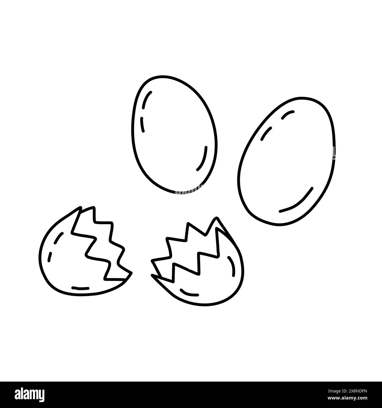 Uova fresche di fattoria intere e rotte, ingredienti da cuocere o da cuocere, illustrazione a forma di vettoriale piatto per libri da colorare per bambini Illustrazione Vettoriale
