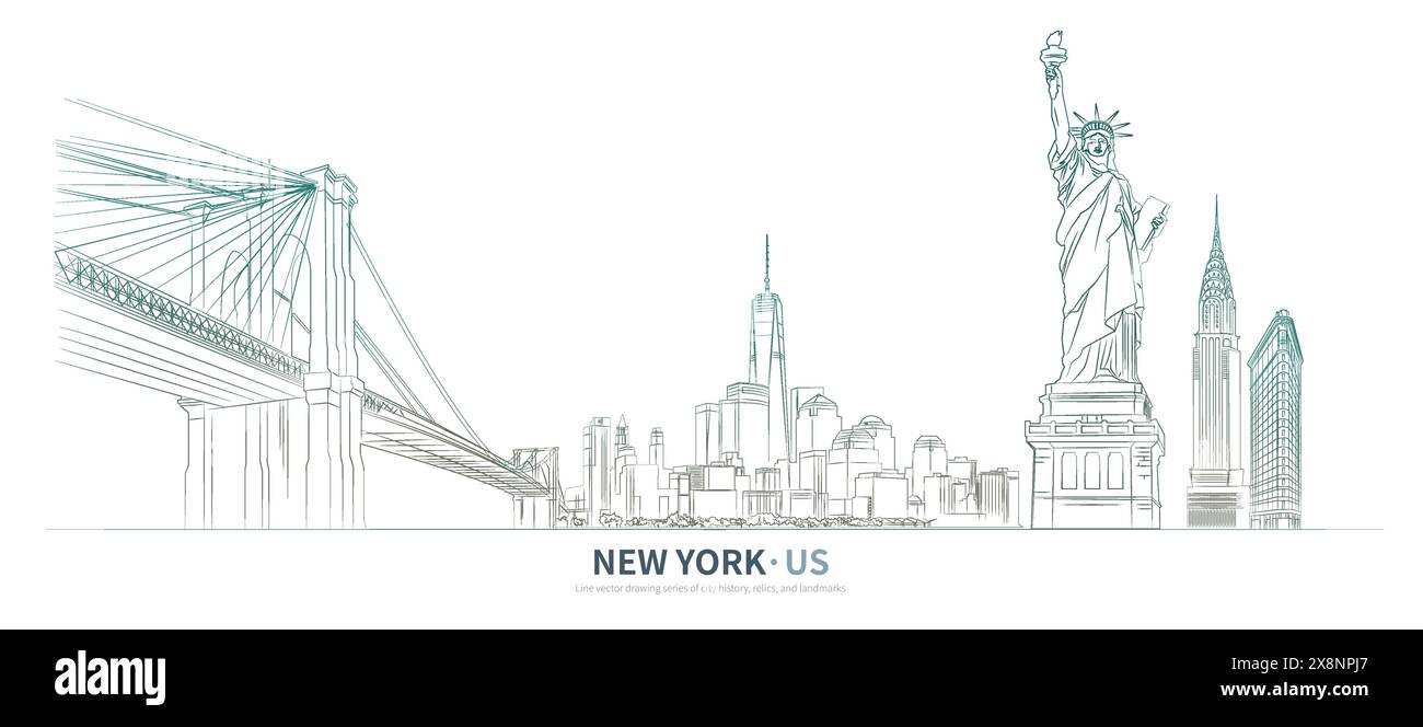 Vettore di disegno della linea del paesaggio urbano di New york. schizzo di un paesaggio urbano. illustrazione del punto di riferimento in stile schizzo. Illustrazione Vettoriale