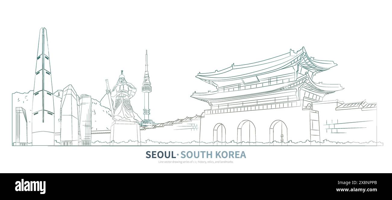 Vettore di disegno della linea del paesaggio urbano della corea del Sud. schizzo di un paesaggio urbano. illustrazione del punto di riferimento in stile schizzo. Illustrazione Vettoriale