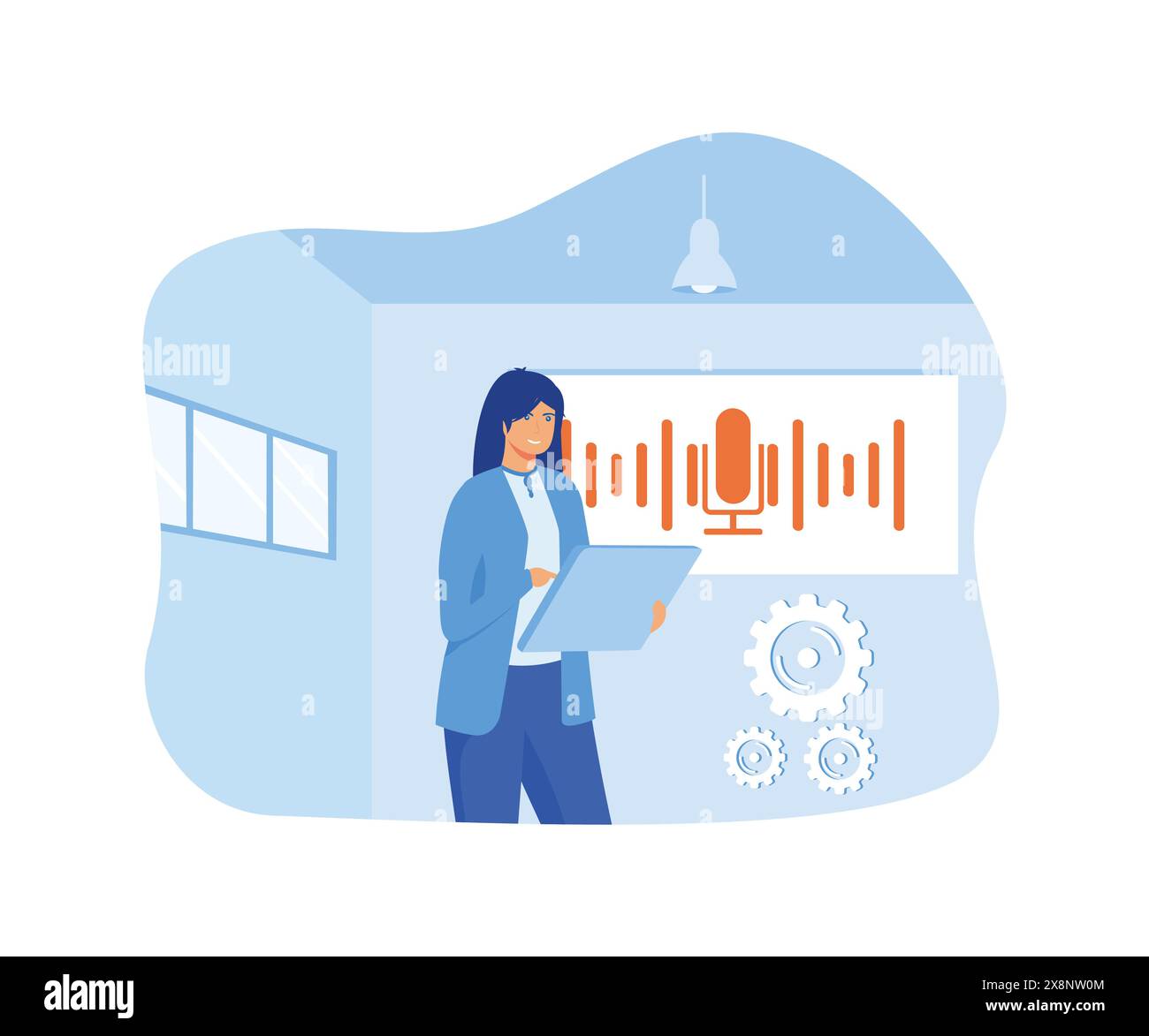 Assistente online personale. Office girl con icona dinamica del microfono per laptop, onde sonore. App mobile, concetto di sito Web per il riconoscimento vocale di atterraggio pa Illustrazione Vettoriale