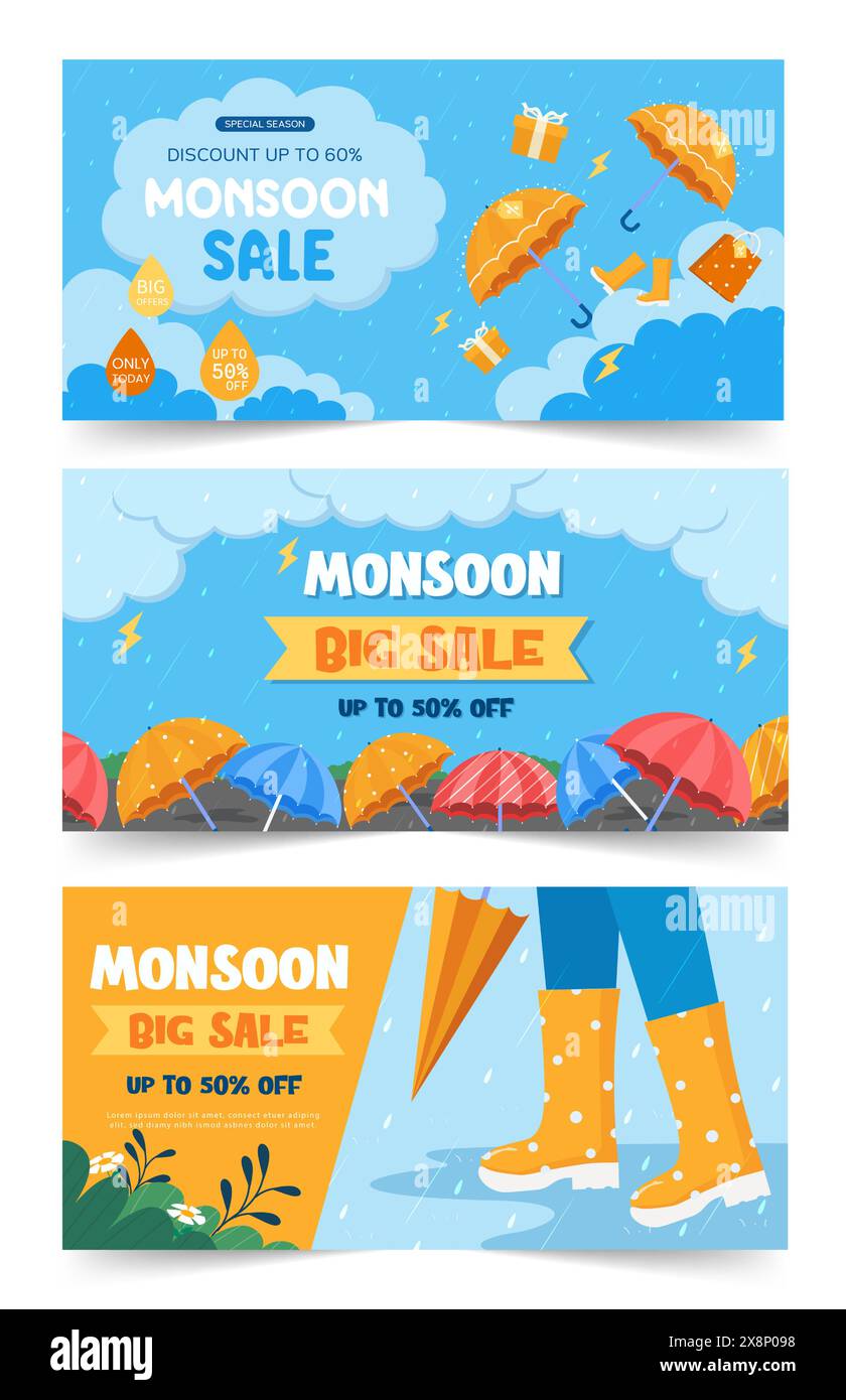 Vendita monsonica, set di 4 brochure vettoriali, sconto, offerte. sfondo stagione monsonica. concetto di giornata piovosa. stagione delle piogge. sfondo piovoso. pioggia Illustrazione Vettoriale