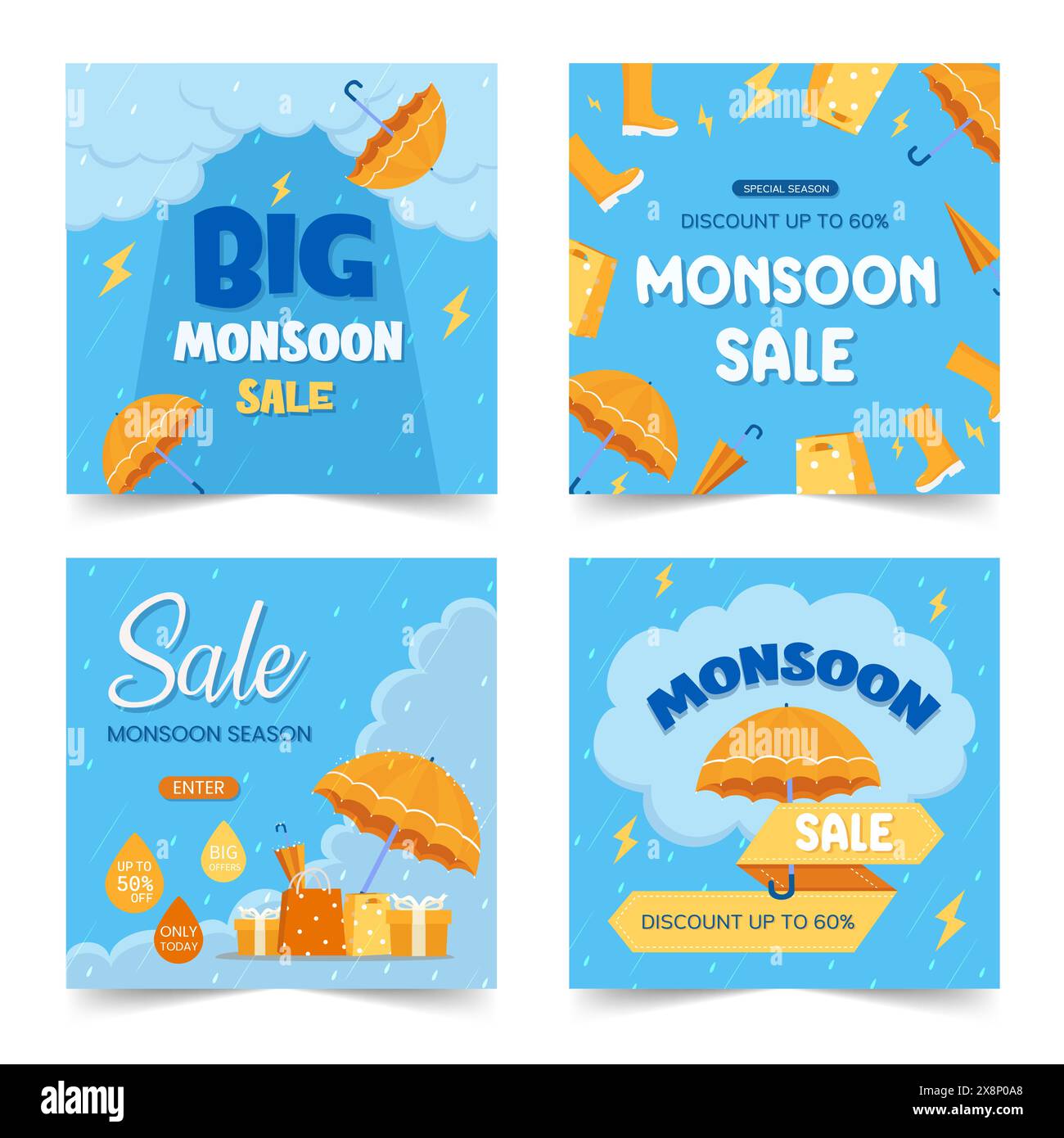 Vendita monsonica, set di 4 brochure vettoriali, sconto, offerte. sfondo stagione monsonica. concetto di giornata piovosa. stagione delle piogge. sfondo piovoso. pioggia Illustrazione Vettoriale