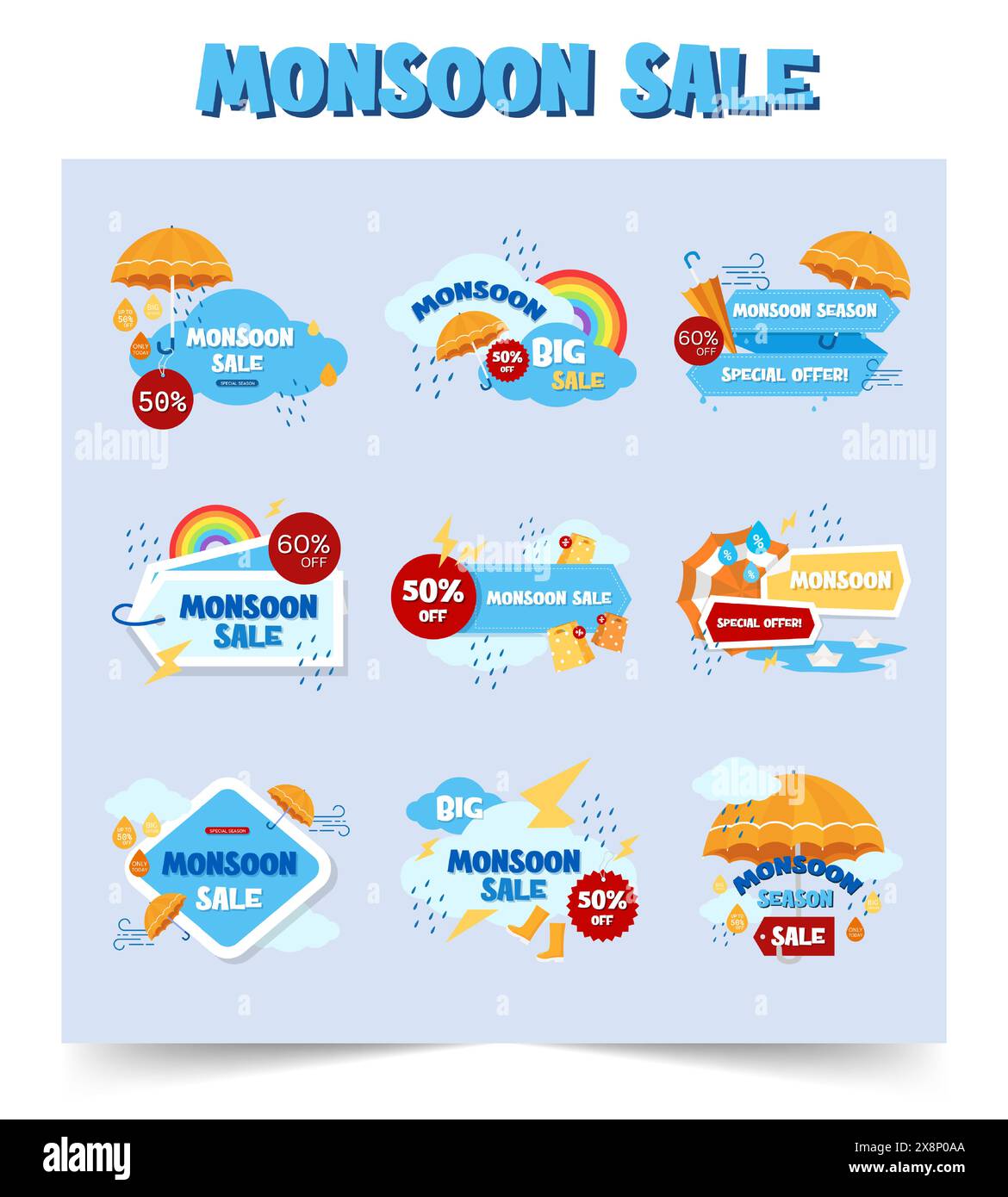 Gli sconti della stagione monsonica, il poster del banner di vendita creativa e il logo dell'intestazione Web e i badge illustrano il vettore. Illustrazione Vettoriale